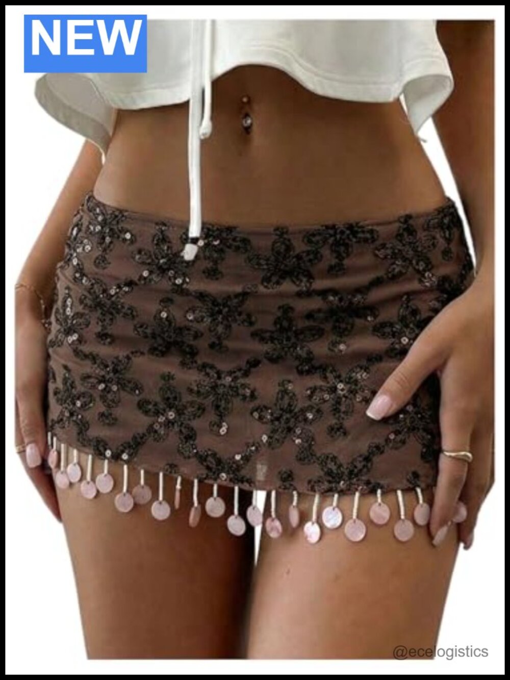 Sequin Mini Skirt Floral Tassel Hem Low Rise Ruched Women's Party Skirt